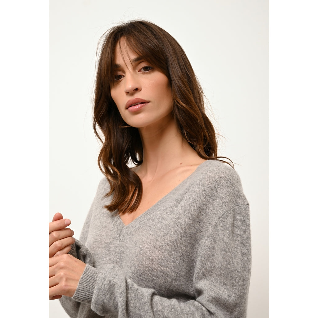 Pull Col V Devant Et Dos Opal - 100% Cachemire 2 Fils - Nuage Chiné - Femme