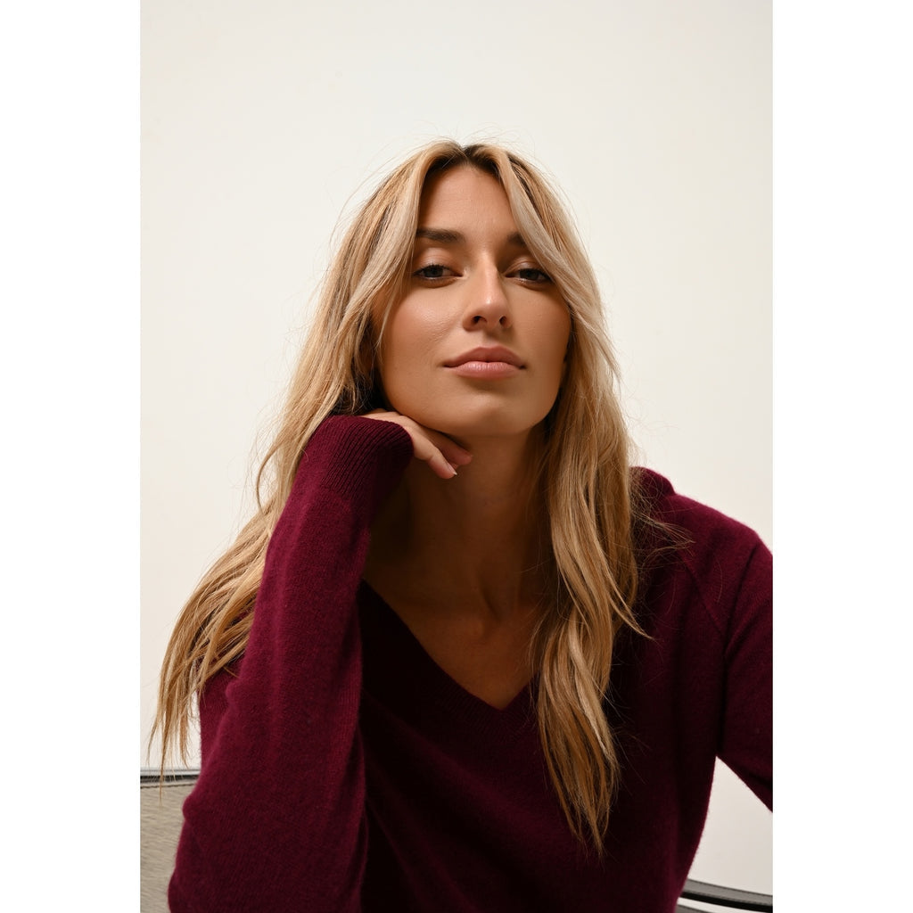 Pull Col V  Phoebe - Bordeaux - 100% Cachemire 2 Fils - Femme