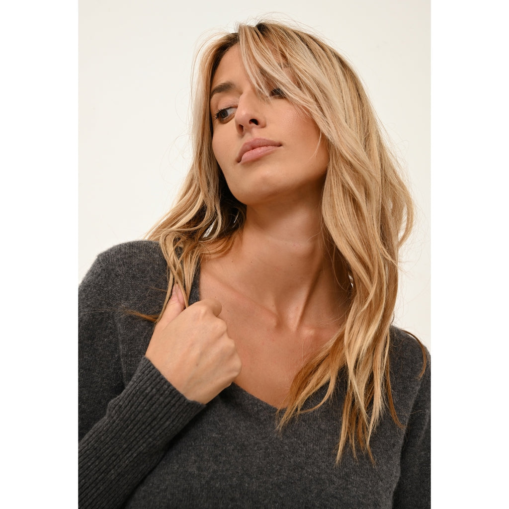 Robe Col V Tracy Anthracite ChinÉ - 100% Cachemire - 2 Fils - Jersey - Femme