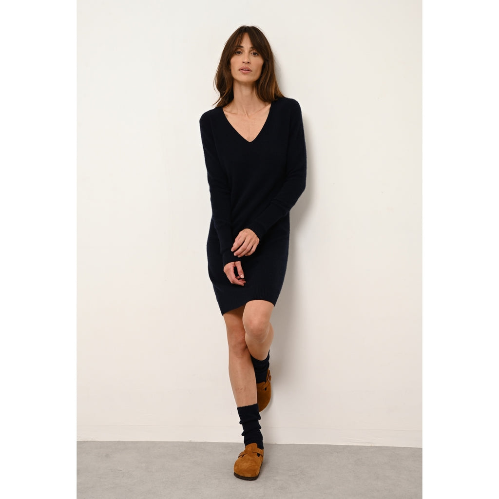 Just Cashmere - Robe Col V Tracy Navy - 100% Cachemire - 2 Fils - Jersey - Femme