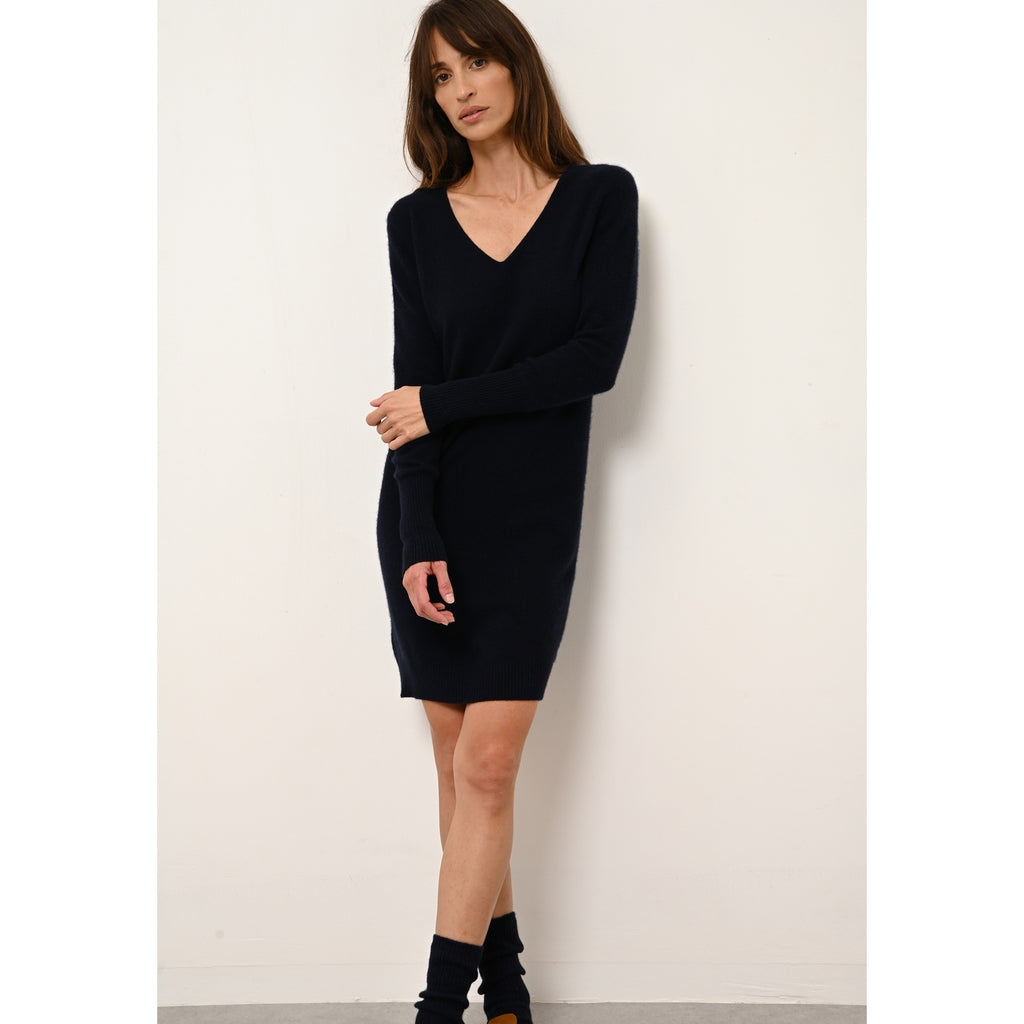 Just Cashmere - Robe Col V Tracy Navy - 100% Cachemire - 2 Fils - Jersey - Femme