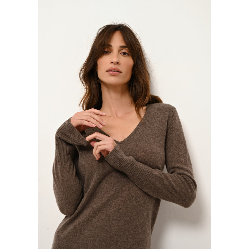 Robe Col V Tracy - 100% Cachemire 2 Fils - Taupe Chiné - Femme