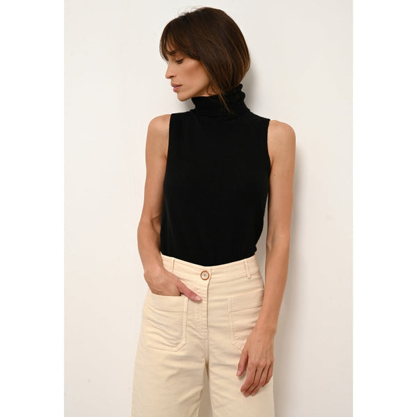 Pull Col Roulé Sans Manches Violet - 100% Cachemire 2 Fils - Noir - Femme
