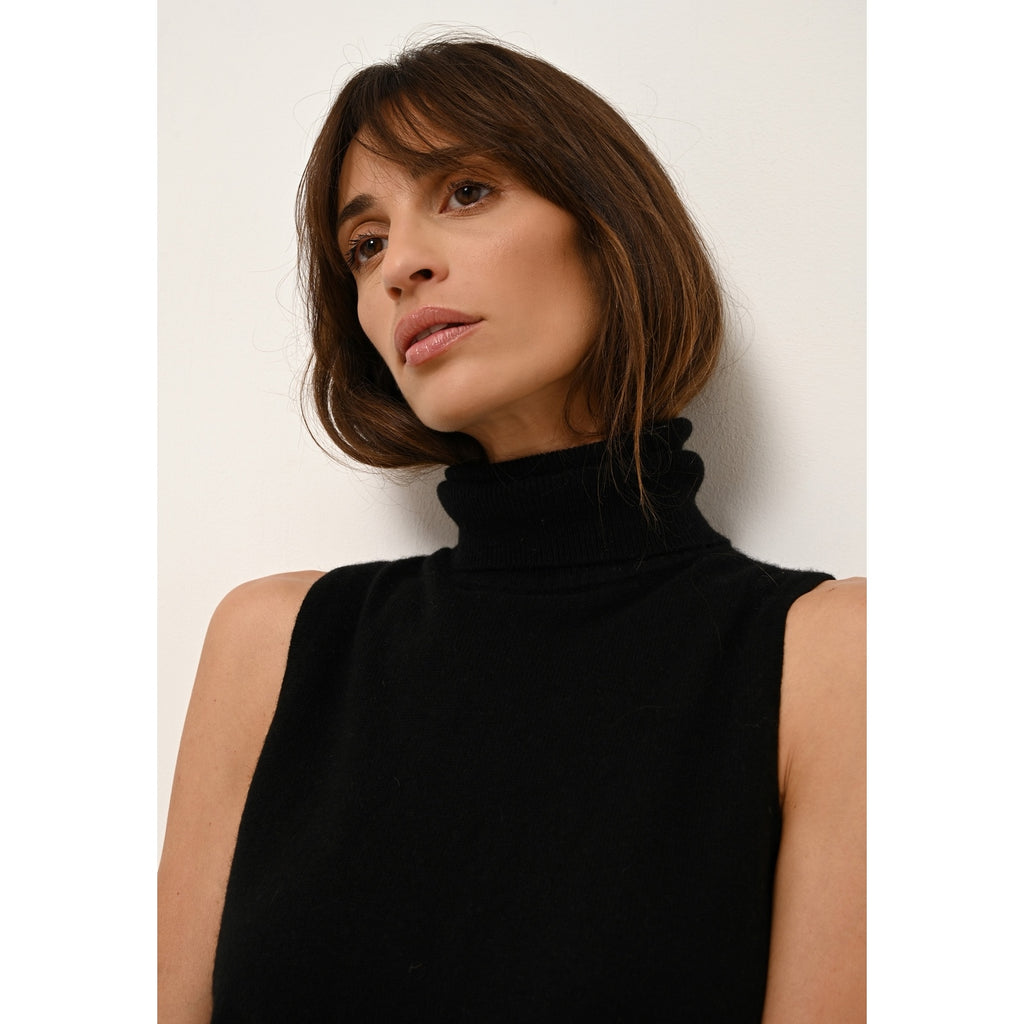 Pull Col Roulé Sans Manches Violet - 100% Cachemire 2 Fils - Noir - Femme