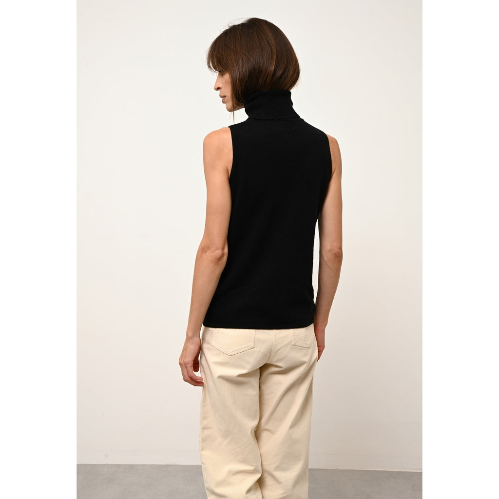 Pull Col Roulé Sans Manches Violet - 100% Cachemire 2 Fils - Noir - Femme
