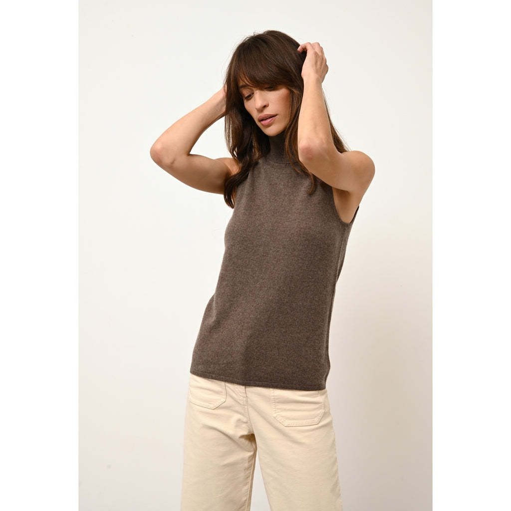 Just Cashmere - Pull Col Roulé Sans Manches Violet Taupe Chiné - 100% Cachemire - 2 Fils - Jersey - Femme