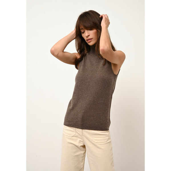 Just Cashmere - Pull Col Roulé Sans Manches Violet Taupe Chiné - 100% Cachemire - 2 Fils - Jersey - Femme