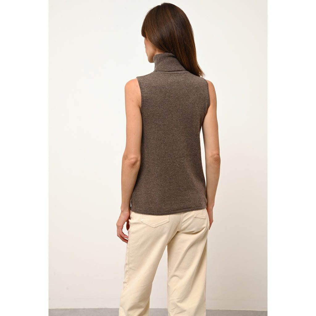 Just Cashmere - Pull Col Roulé Sans Manches Violet Taupe Chiné - 100% Cachemire - 2 Fils - Jersey - Femme