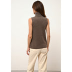 Just Cashmere - Pull Col Roulé Sans Manches Violet Taupe Chiné - 100% Cachemire - 2 Fils - Jersey - Femme