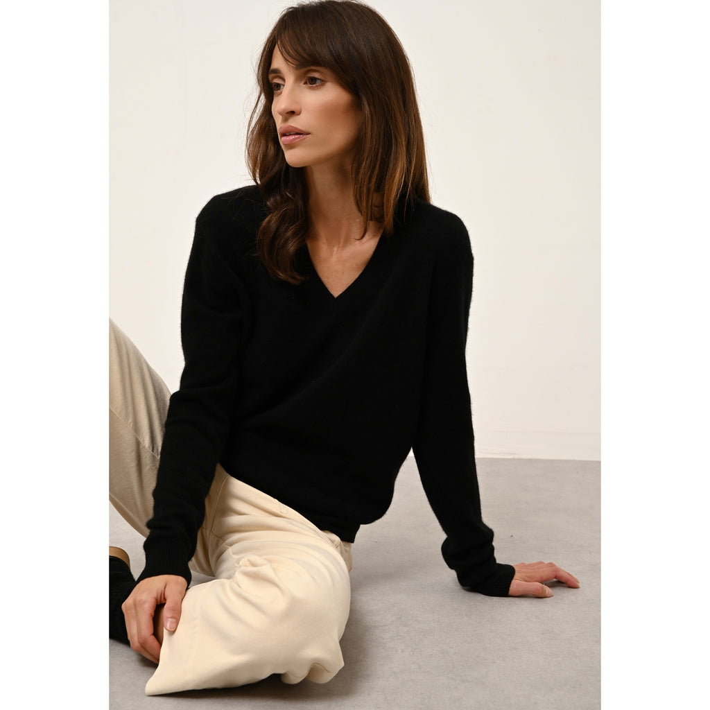 Pull Col V Nora Noir - 100% Cachemire - 2 Fils - Jersey - Femme