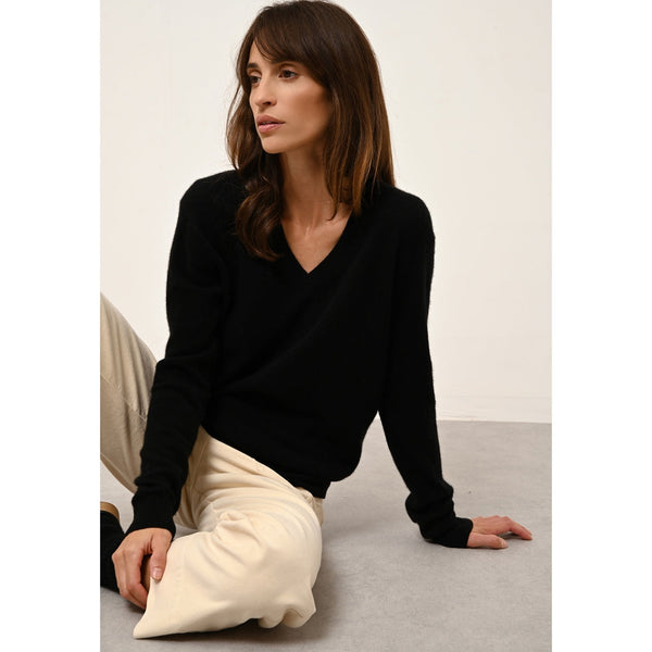 Pull Col V Nora Noir - 100% Cachemire - 2 Fils - Jersey - Femme
