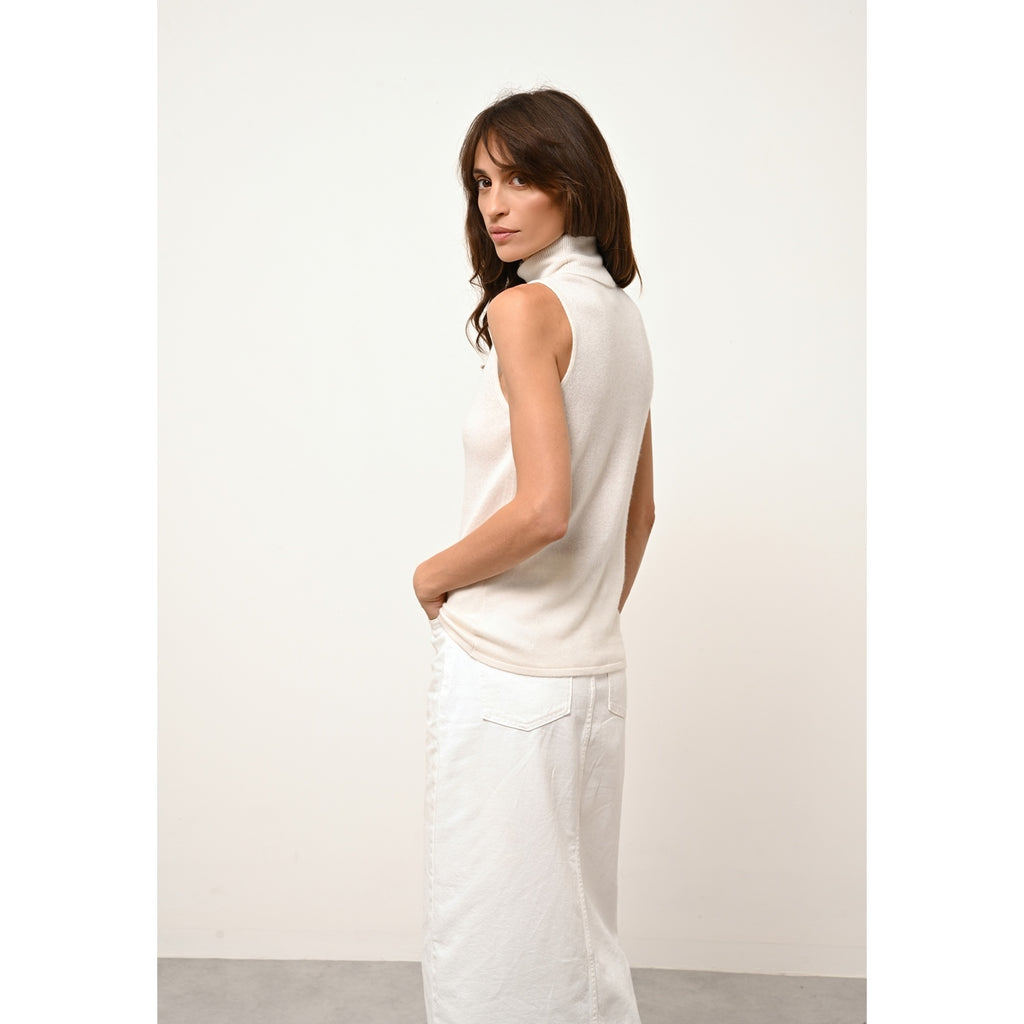 Just Cashmere - Pull Col Roulé Sans Manches Violet - Ivoire - 100% Cachemire 2 Fils - Femme