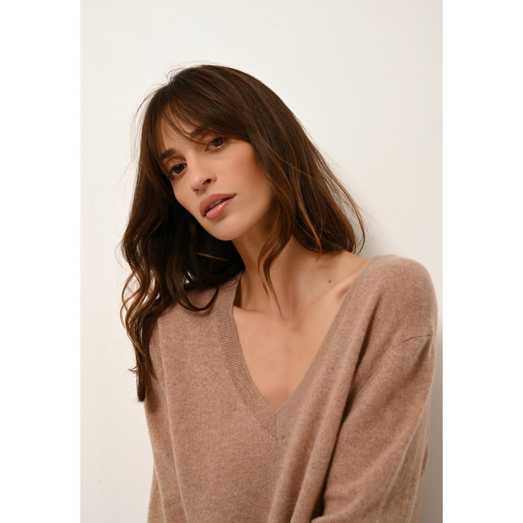 Just Cashmere - Pull Col V Devant Et Dos Opal Camel Chiné - 100% Cachemire - 2 Fils - Jersey - Femme