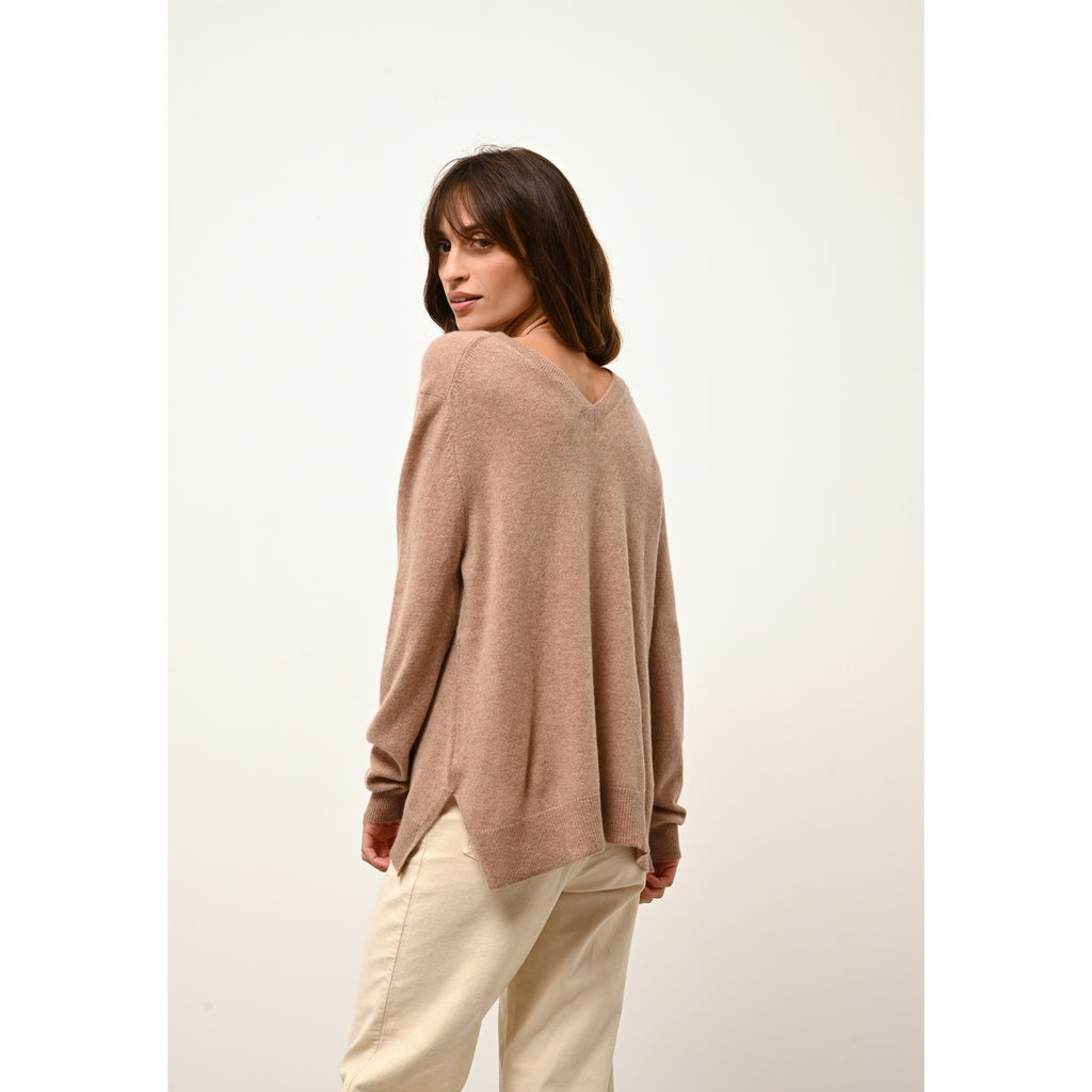 Just Cashmere - Pull Col V Devant Et Dos Opal Camel Chiné - 100% Cachemire - 2 Fils - Jersey - Femme