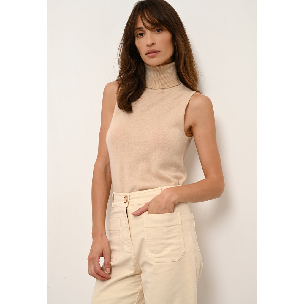 Pull Col Roulé Sans Manches Violet - 100% Cachemire 2 Fils - Sable - Femme