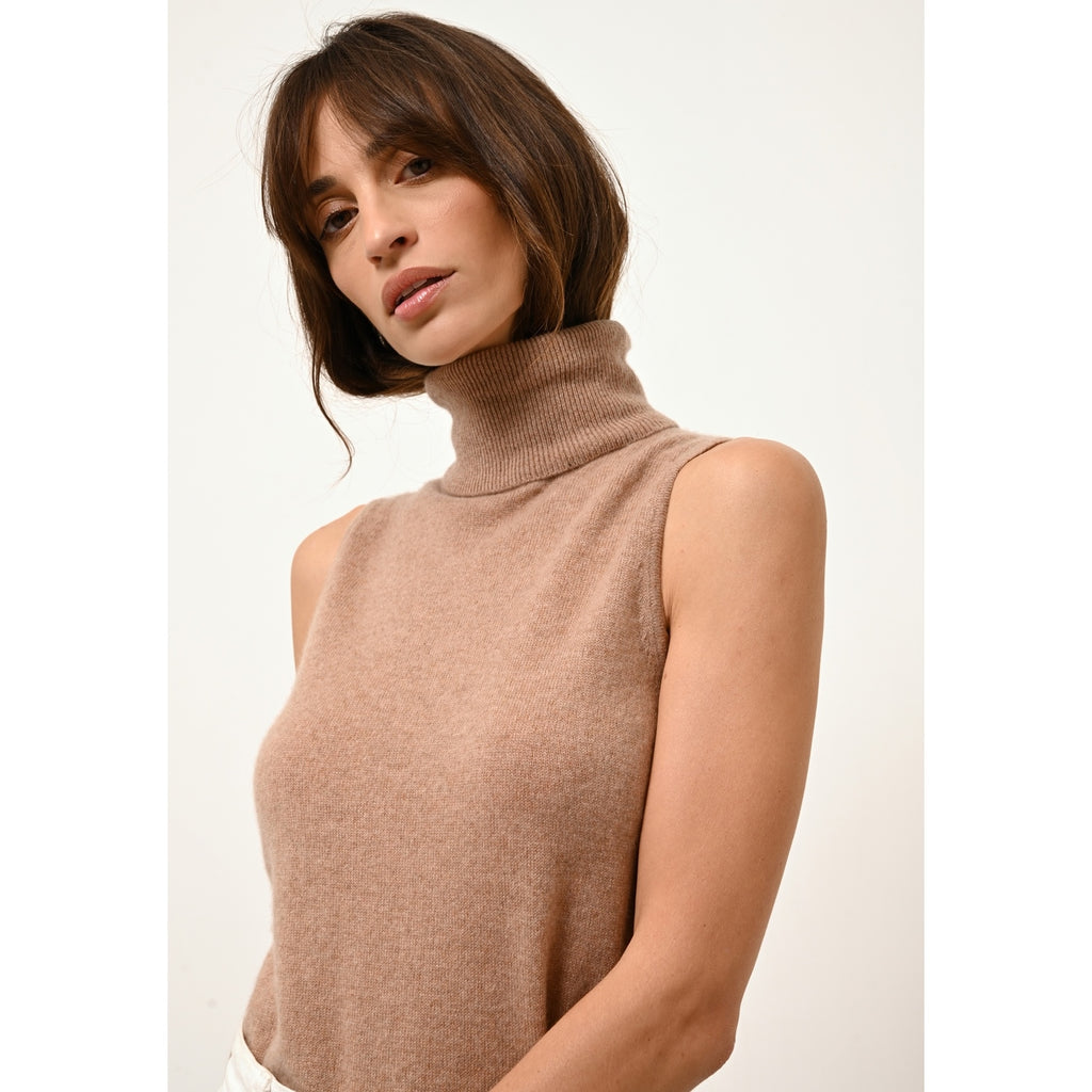 Pull Col Roulé Sans Manches Violet - 100% Cachemire 2 Fils - Camel Chiné - Femme
