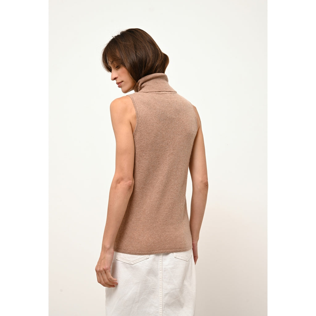 Pull Col Roulé Sans Manches Violet - 100% Cachemire 2 Fils - Camel Chiné - Femme