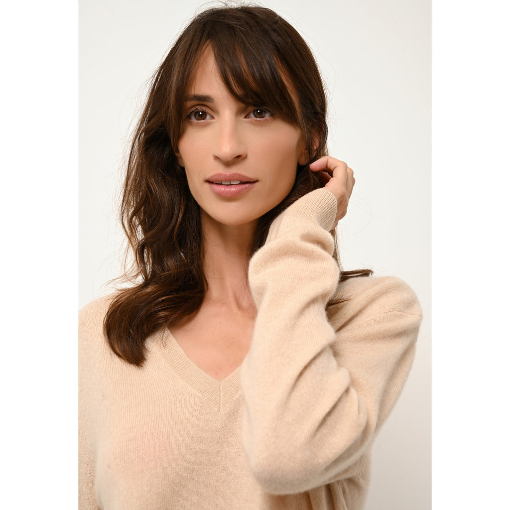 Just Cashmere - Pull Col V Devant Et Dos Opal Sable, 100% Cachemire, 2 Fils, Jersey - Femme