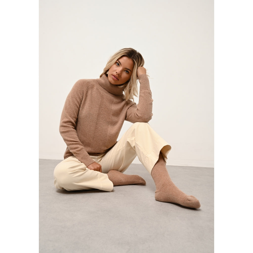 Pull Col Roulé Lilly - 100% Cachemire 2 Fils - Camel Chiné - Femme
