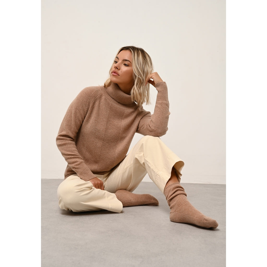 Pull Col Roulé Lilly - 100% Cachemire 2 Fils - Camel Chiné - Femme