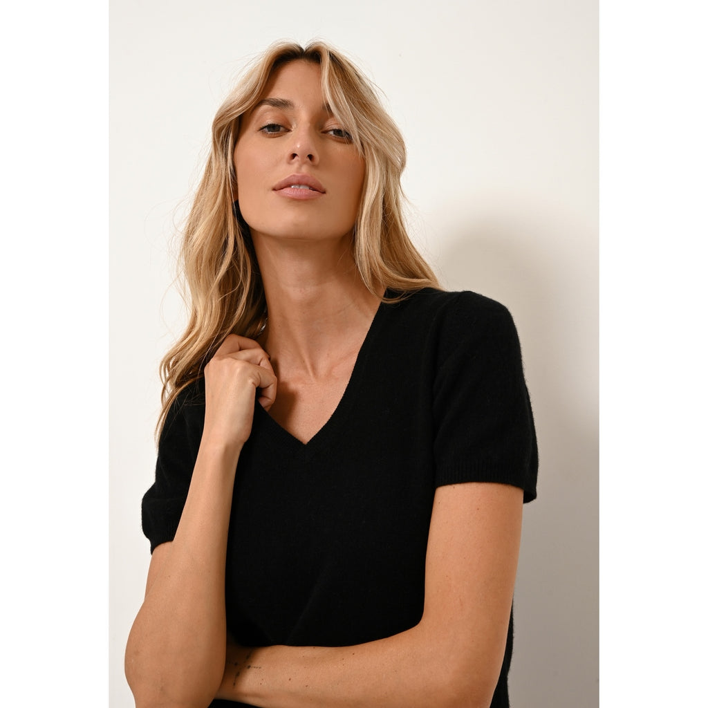 T-Shirt Col V Glamis Noir - 100% Cachemire - 2 Fils - Jersey - Femme