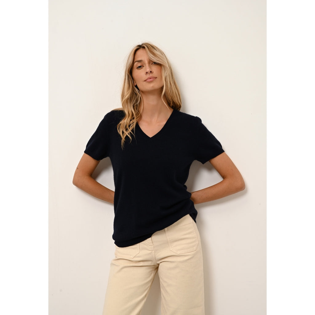 Just Cashmere - T-Shirt Col V Glamis Navy - 100% Cachemire - 2 Fils - Jersey - Femme