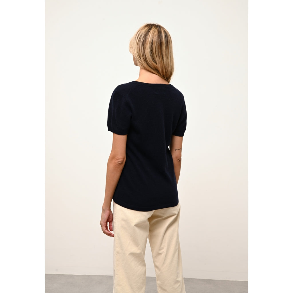 Just Cashmere - T-Shirt Col V Glamis Navy - 100% Cachemire - 2 Fils - Jersey - Femme