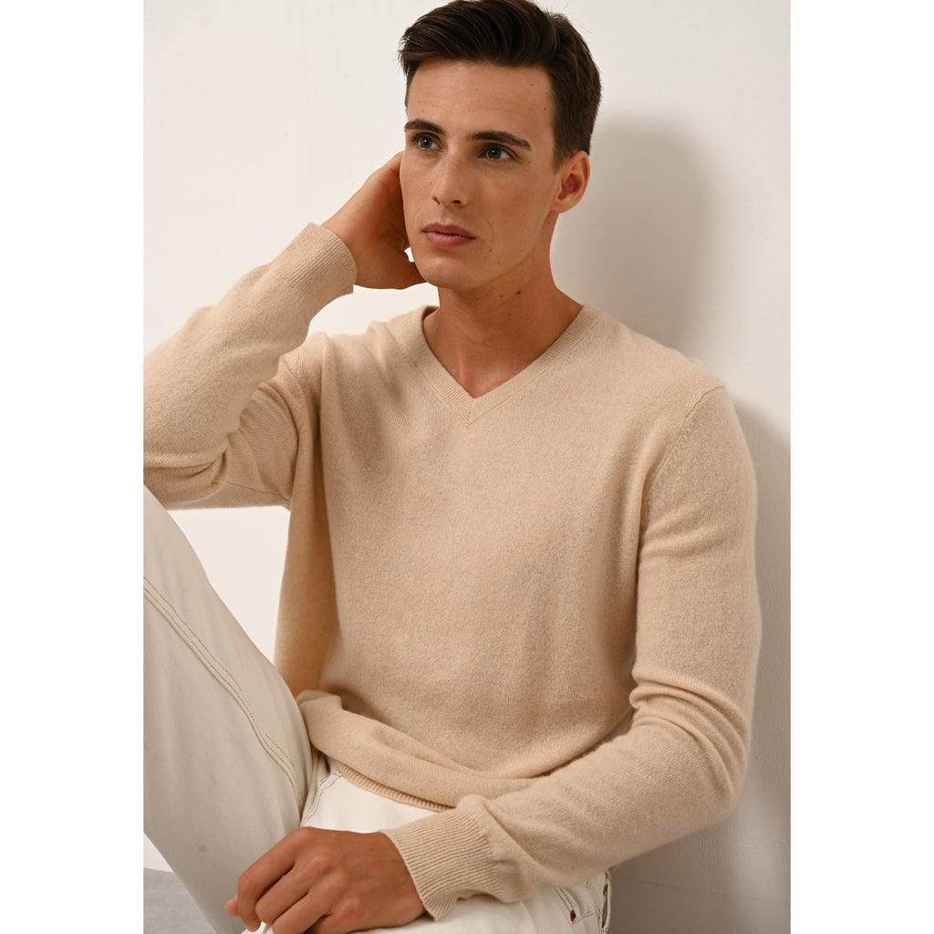 Pull Col V  Walt - 100% Cachemire 2 Fils - Sable - Homme