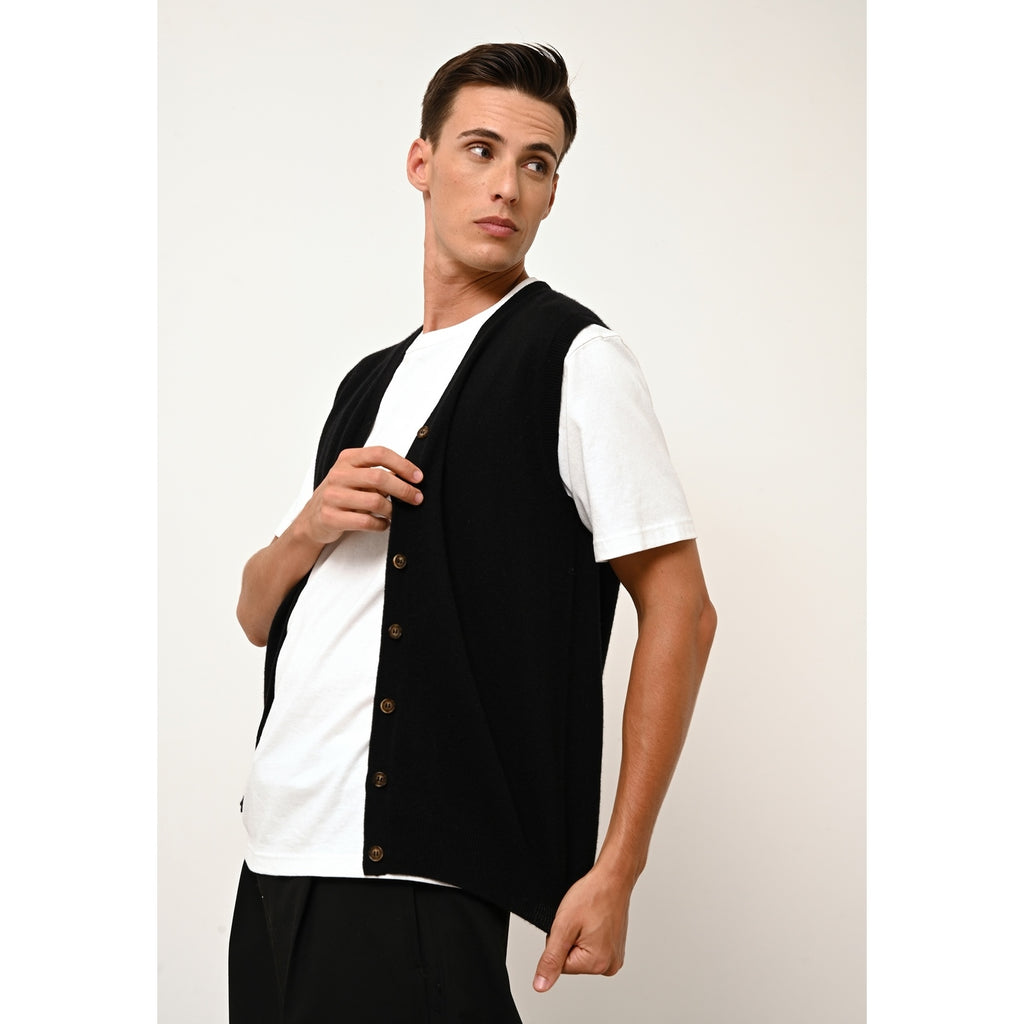 Cardigan Col V Sans Manches Lana - 100% Cachemire 2 Fils - Noir - Homme