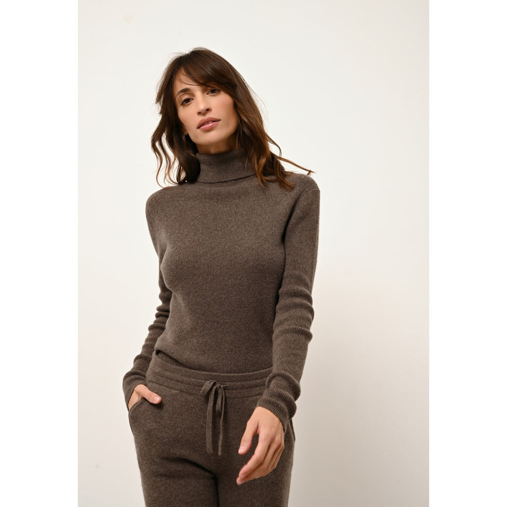 Pull Col Roulé Lanais - 100% Cachemire 2 Fils - Taupe Chiné - Femme