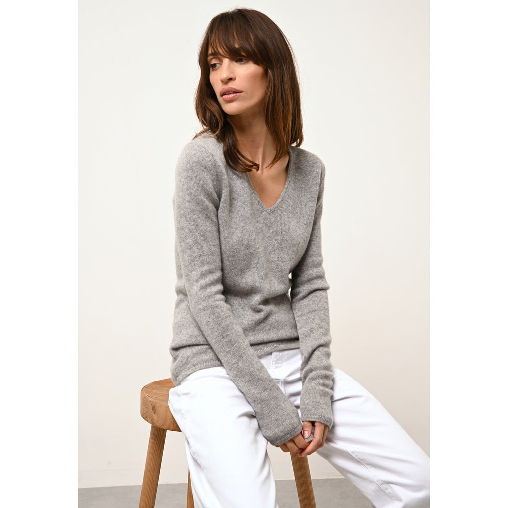 Just Cashmere - Pull Col V Abby Nuage Chiné, 100% Cachemire, 4 Fils, Jersey - Femme