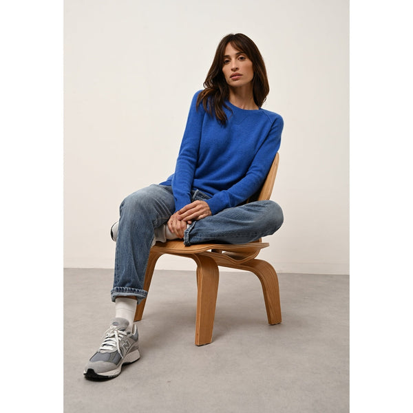 Just Cashmere - Pull Col Rond Helen Bleu Électrique, 100% Cachemire, 2 Fils, Jersey - Femme