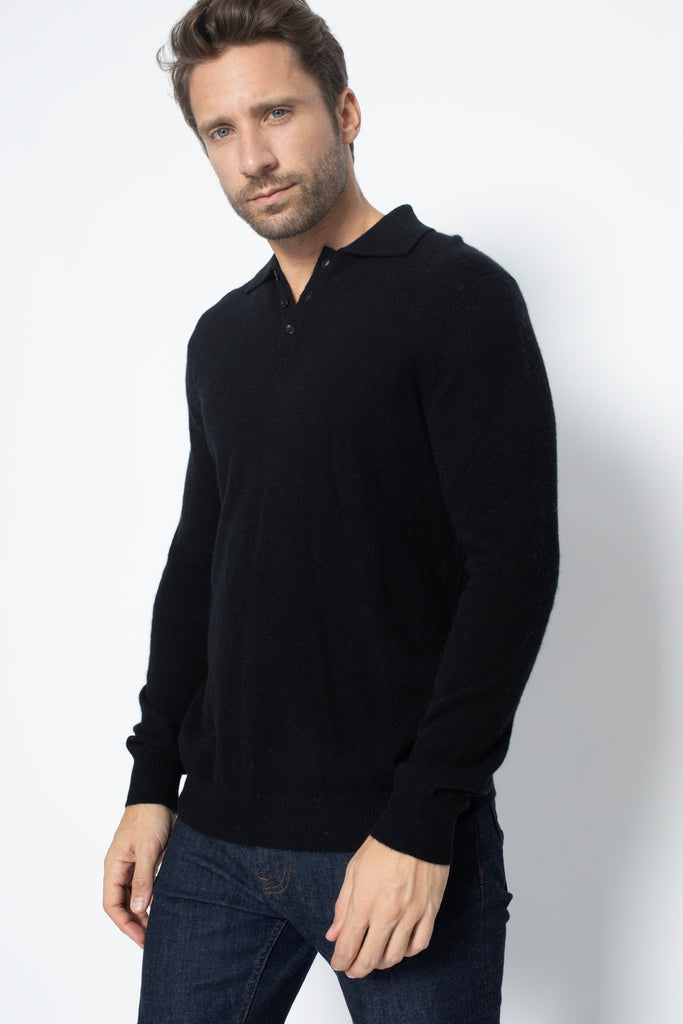 Just Cashmere - Polo Manches Longues Douglas - Noir - 100% Cachemire 2 Fils - Jersey - Homme