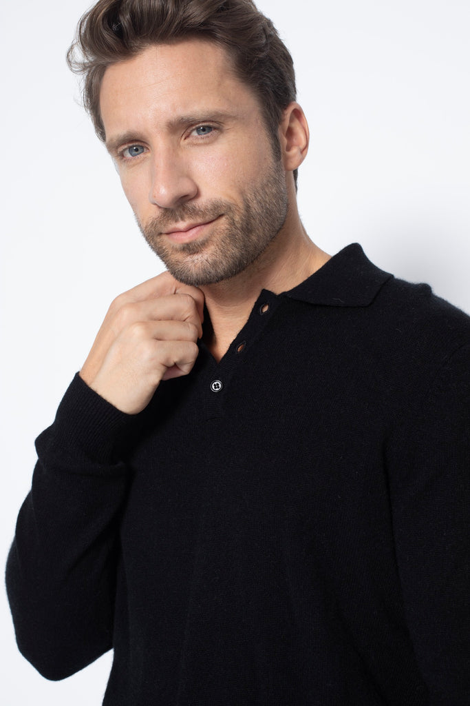 Just Cashmere - Polo Manches Longues Douglas - Noir - 100% Cachemire 2 Fils - Jersey - Homme