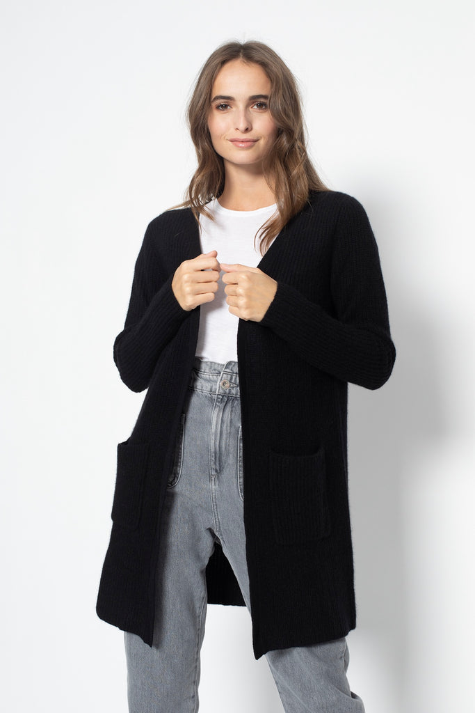 Just Cashmere - Veste Longue Ouverte 4 Fils Braemar - Noir - 100% Cachemire 4 Fils - Cote Anglaise - Femme