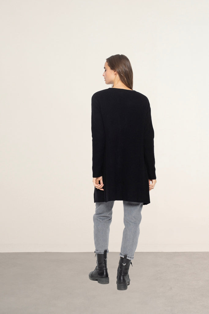 Just Cashmere - Veste Longue Ouverte 4 Fils Braemar - Noir - 100% Cachemire 4 Fils - Cote Anglaise - Femme