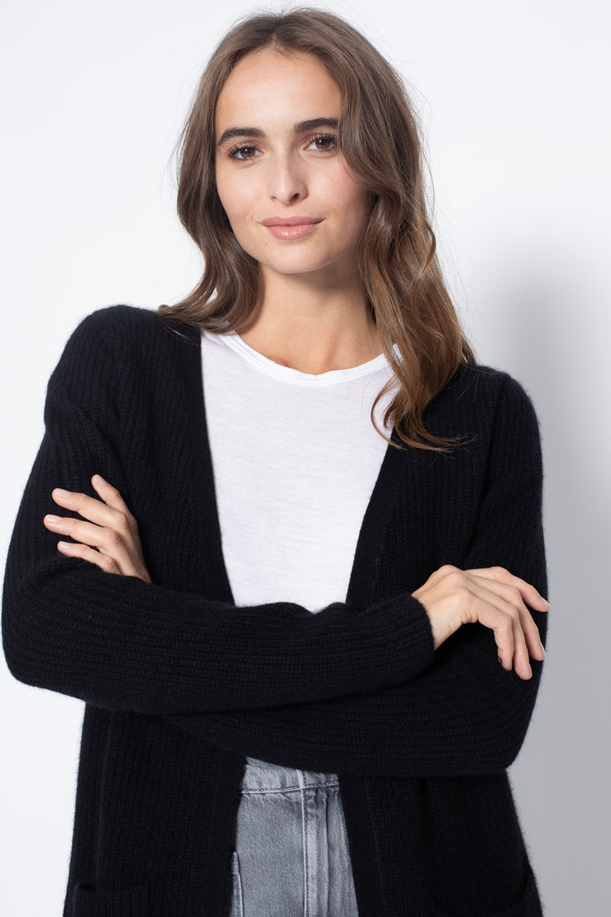 Just Cashmere - Veste Longue Ouverte 4 Fils Braemar - Noir - 100% Cachemire 4 Fils - Cote Anglaise - Femme