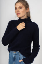 Just Cashmere - Pull Col Montant Alyssa - Navy - 100% Cachemire 2 Fils - Cotes Traditionelles - Femme