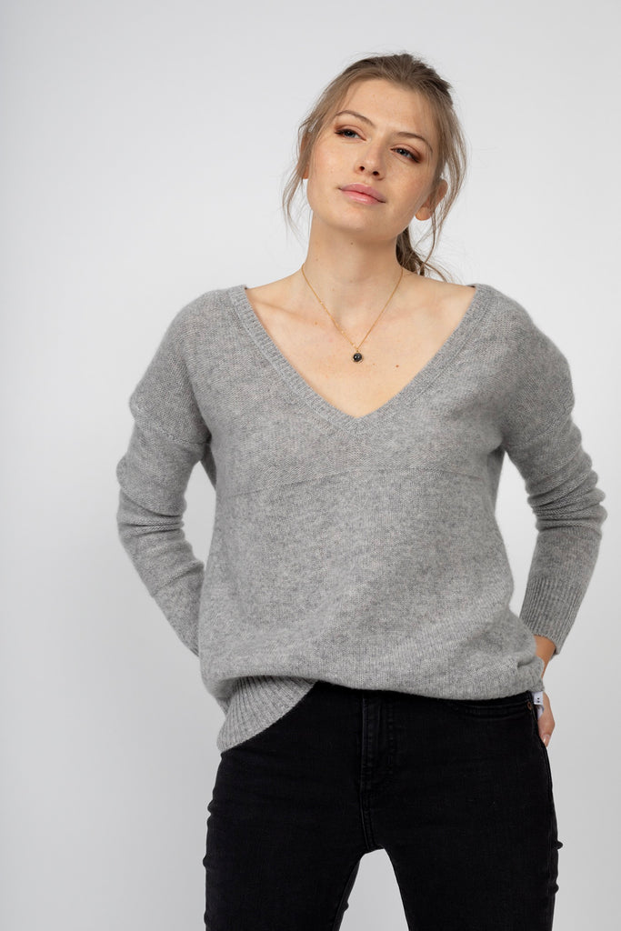 Just Cashmere - Pull Col V 4 Fils Cassie - Nuage Chiné - 100% Cachemire 4 Fils - Jersey - Femme