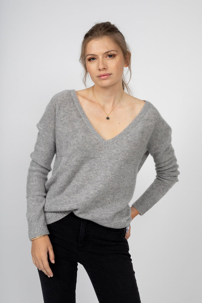 Just Cashmere - Pull Col V 4 Fils Cassie - Nuage Chiné - 100% Cachemire 4 Fils - Jersey - Femme