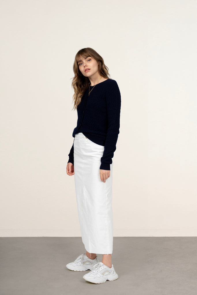 Just Cashmere - Cardigan Col Rond Laura - Navy - 100% Cachemire 2 Fils - Torsade - Femme