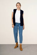Just Cashmere - Cardigan Col V Sans Manches Yasmine - Navy - 100% Cachemire 2 Fils - Cote Anglaise - Femme