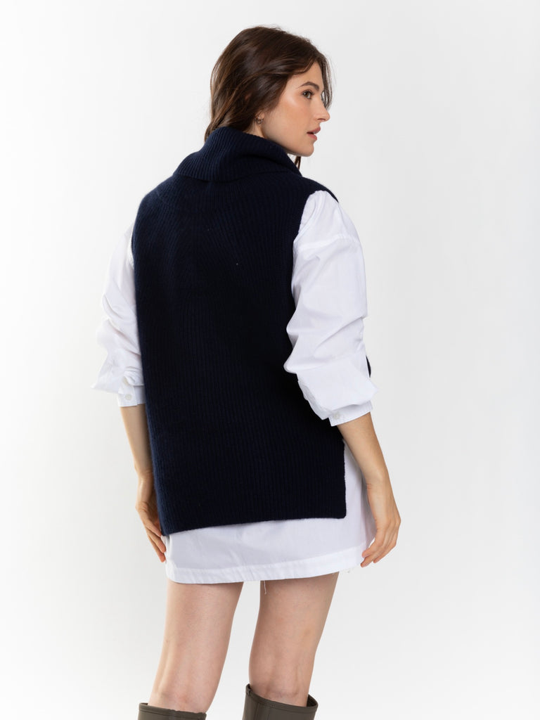 Just Cashmere - Cape Col Roulé Sans Manches 4 Fils Lou - Navy - 100% Cachemire 4 Fils - Point Cardigan - Femme