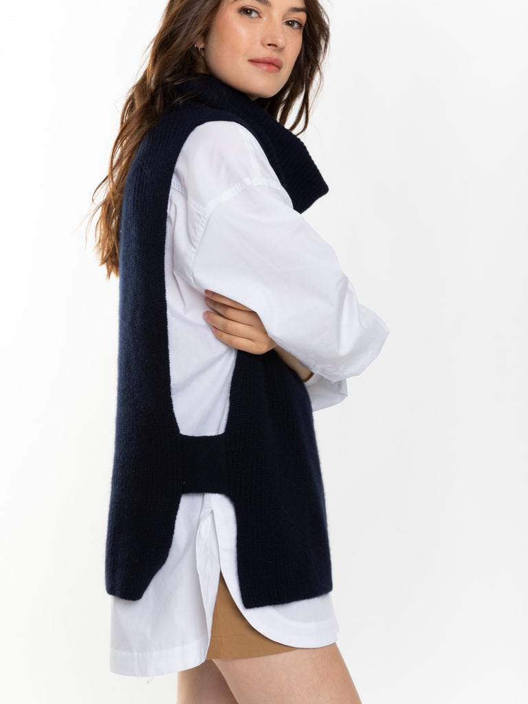 Just Cashmere - Cape Col Roulé Sans Manches 4 Fils Lou - Navy - 100% Cachemire 4 Fils - Point Cardigan - Femme