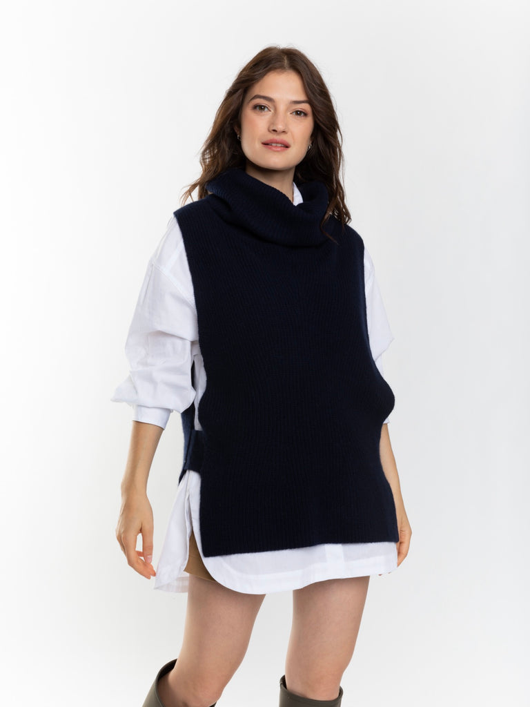 Just Cashmere - Cape Col Roulé Sans Manches 4 Fils Lou - Navy - 100% Cachemire 4 Fils - Point Cardigan - Femme