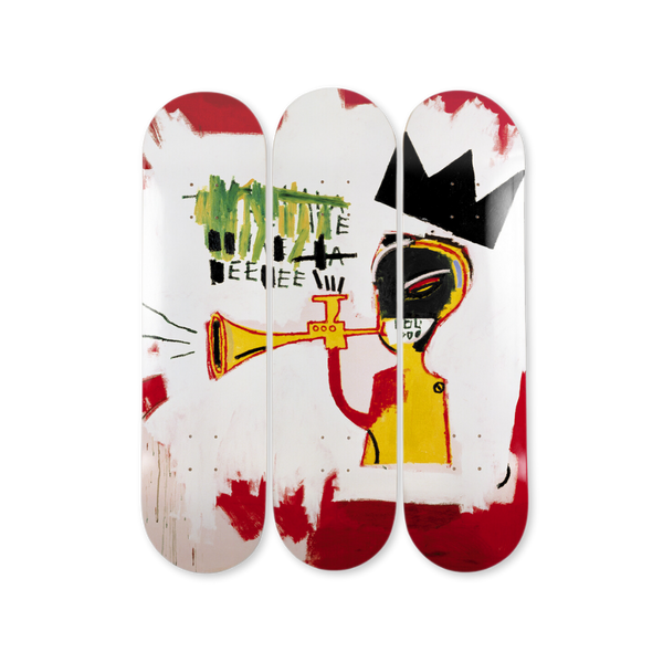 Jean-Michel Basquiat's Trumpet skateboard art by the skateroom