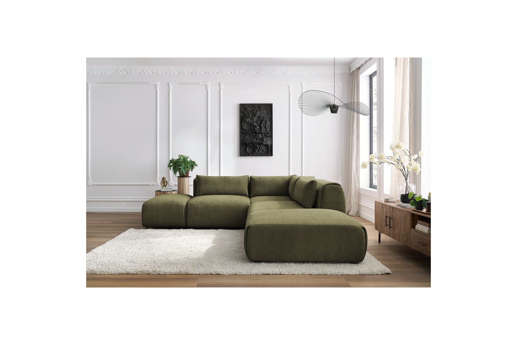 Jeanne - Canapé D'Angle Fixe Modulable - Tissu Texturé Avec 2 Chauffeuses, 1 Angle Et 2 Poufs