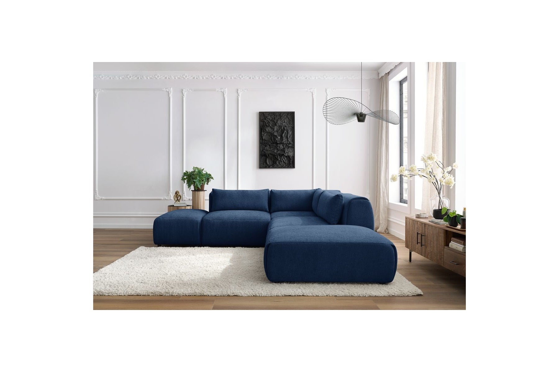 Jeanne - Canapé D'Angle Fixe Modulable - Tissu Texturé Avec 2 Chauffeuses, 1 Angle Et 2 Poufs