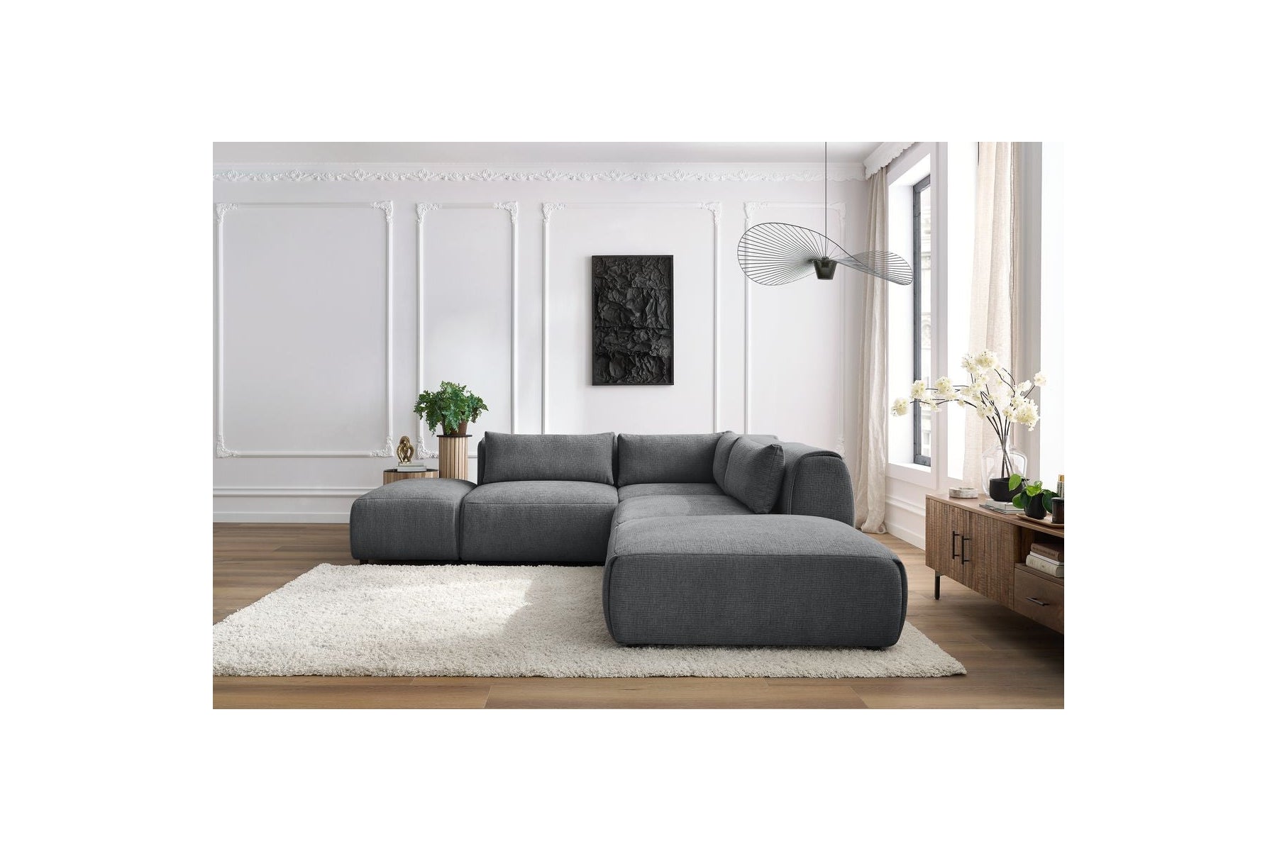 Jeanne - Canapé D'Angle Fixe Modulable - Tissu Texturé Avec 2 Chauffeuses, 1 Angle Et 2 Poufs