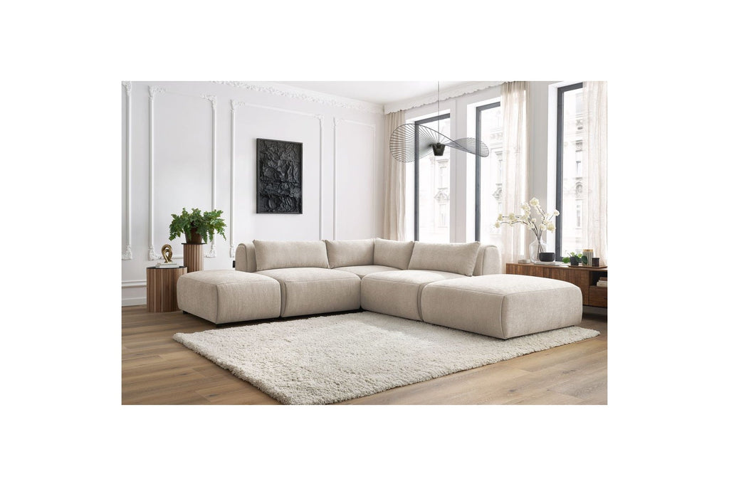 Jeanne - Canapé D'Angle Fixe Modulable - Tissu Texturé Avec 2 Chauffeuses, 1 Angle Et 2 Poufs